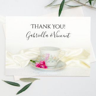 Floral Tea Cup Pink Roses Wedding Thank You Note Card