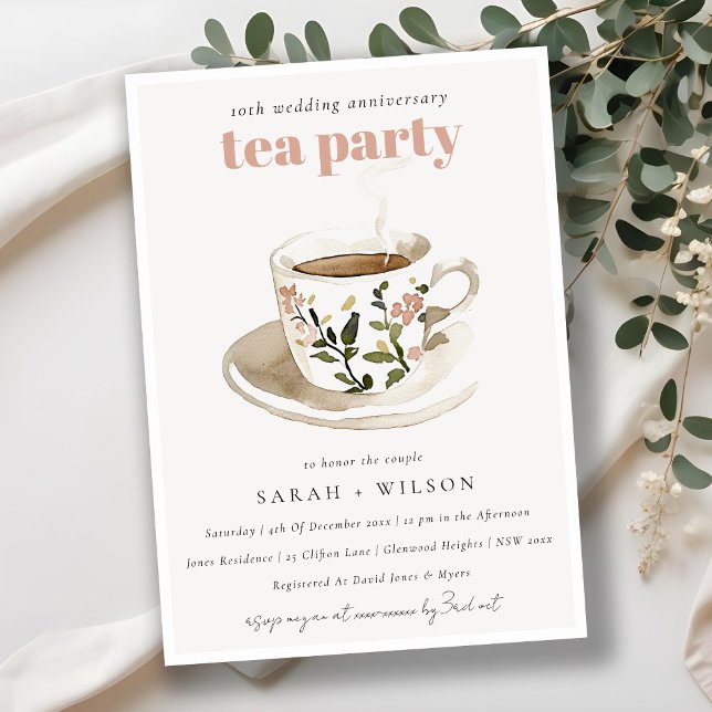 Floral Tea Cup Wedding Anniversary Tea Party  Invitation (Creator Uploaded)