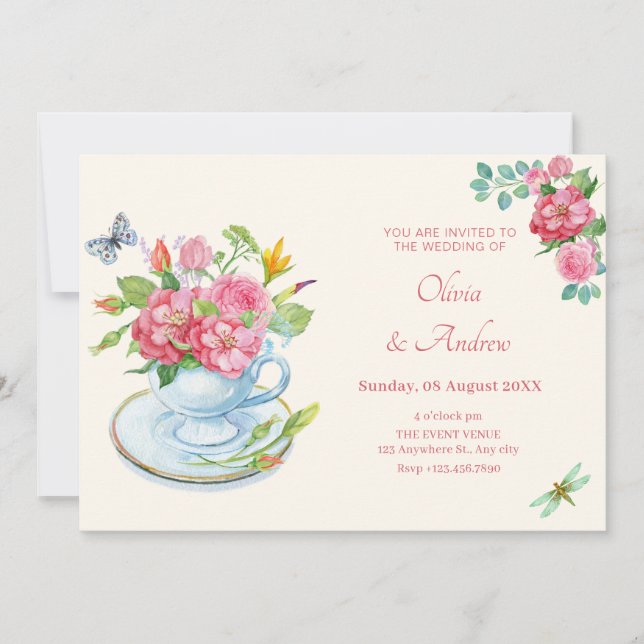 Floral tea cup wedding invitation (Front)
