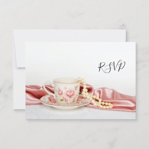 Floral Tea Cup with Pearls Wedding RSVP Reply Card