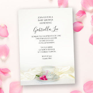 Floral Tea Cup with Pink Roses Baby Shower Invitation