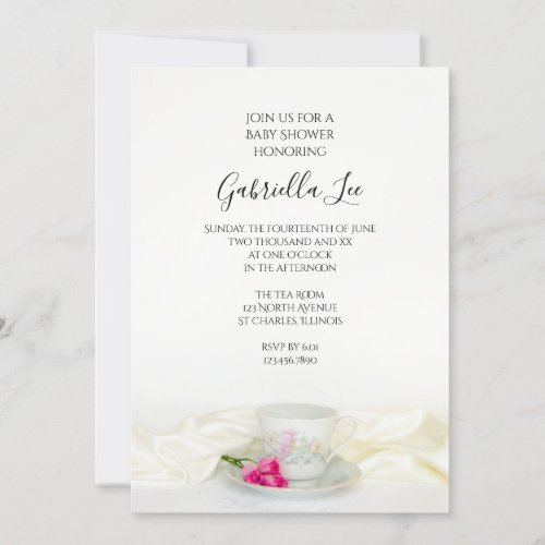 Floral Tea Cup with Pink Roses Baby Shower Invitation