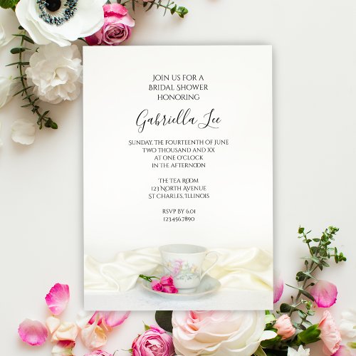 Floral Tea Cup with Pink Roses Bridal Shower Invitation