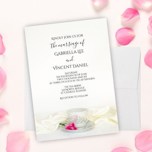 Floral Tea Cup with Pink Roses Wedding Invitation