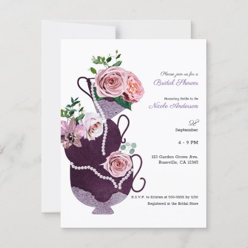 Floral Tea Cups Pearls Vintage Bridal Shower Party Invitation