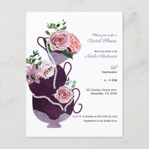 Floral Tea Cups Pearls Vintage Bridal Shower Party Invitation