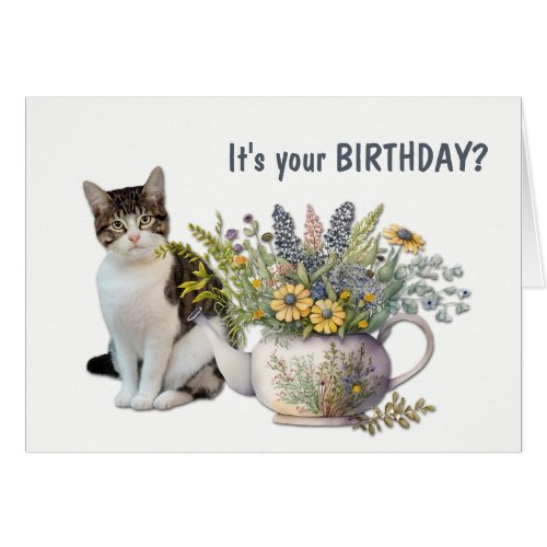 Floral Tea Kettle Cat Meowy Birthday