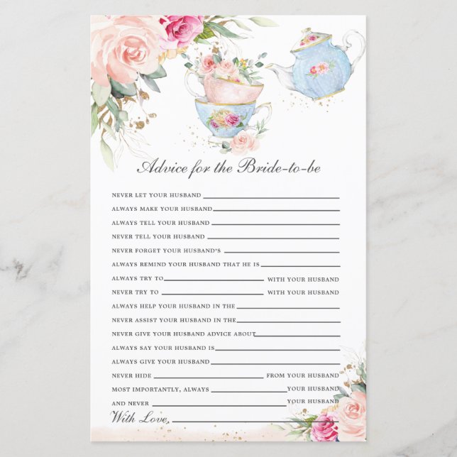Floral Tea Party Advice for the Bride to Be Game (Front)