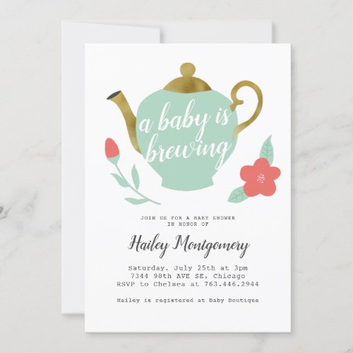Floral Tea Party Baby Shower Baby Is Brewing Invitation