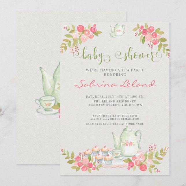 Floral Tea Party Baby Shower Invitation (Front/Back)