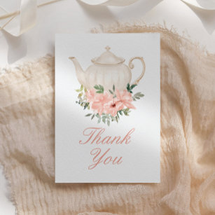 English Tea Party Bridal Shower Thank You Card, Vintage Pink Blush