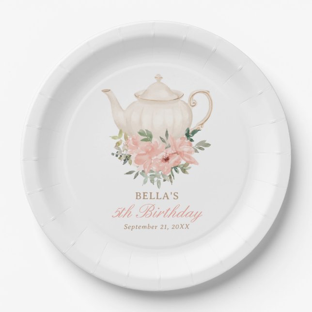 Floral Tea Party Birthday Paper Plates (Front)