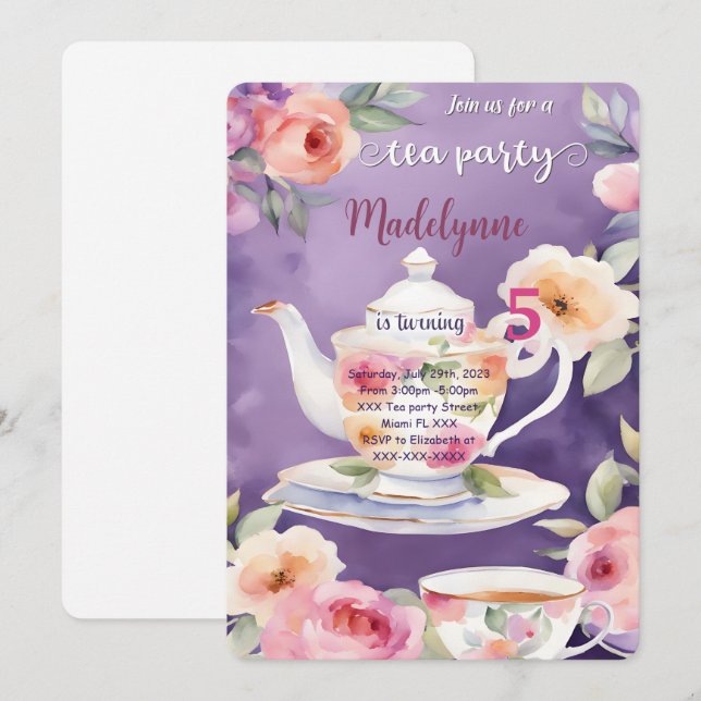Floral Tea Party Birthday Party Invitation (Front/Back)