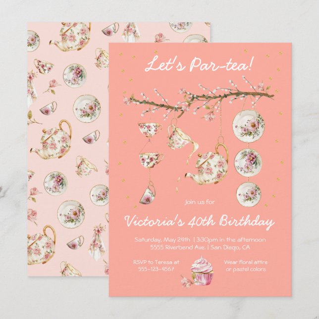 Floral Tea Party branch Birthday Invitation (Front/Back)