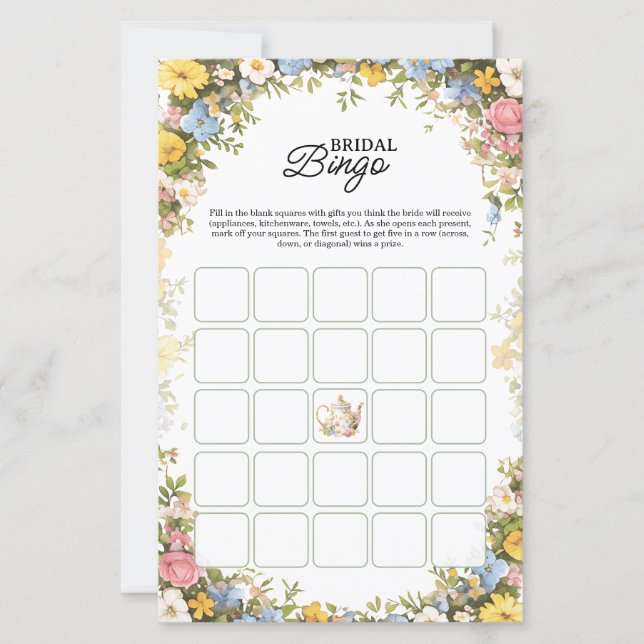 Floral Tea Party Bridal Shower Bingo Game (Front)