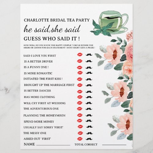 Floral Tea Party Bridal Shower Game  Flyer