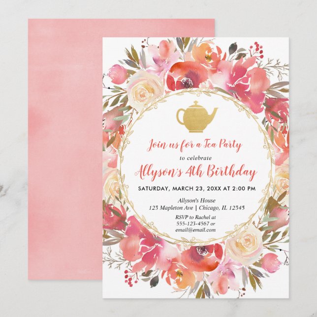 Floral tea party invitation Coral blush pink green (Front/Back)