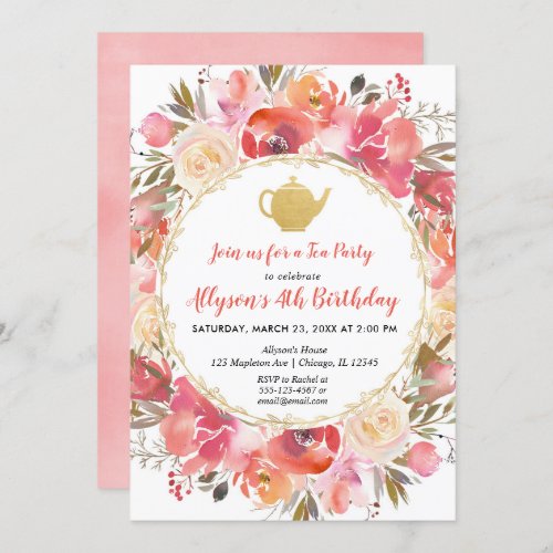 Floral tea party invitation Coral blush pink green