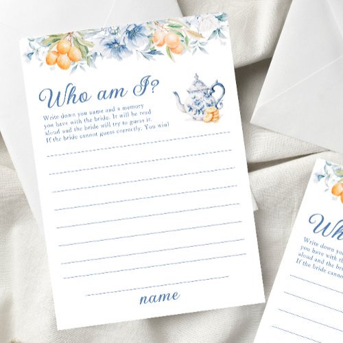 Floral Tea Party Who Am I Bridal Shower Game Card