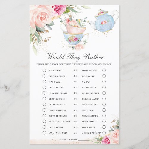 Floral Tea Party Would They Rather Bridal Game