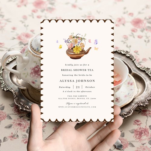 Floral Tea Pot Butterflies Fall Bridal Shower Tea Invitation