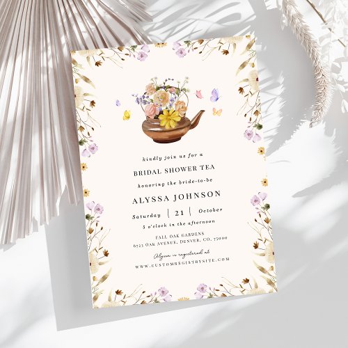 Floral Tea Pot Wildflowers Frame Bridal Shower Tea Invitation