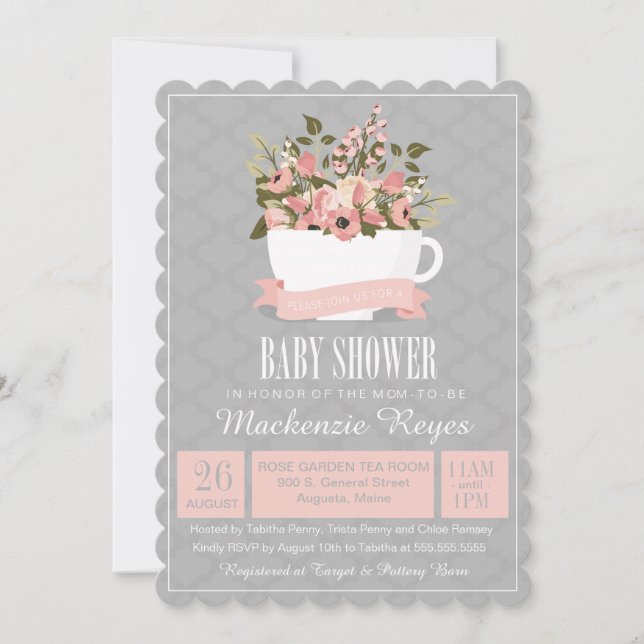 Floral Teacup Baby Shower Invitation, Tea Party Invitation (Front)