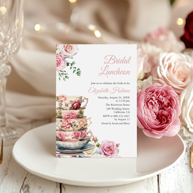 Floral Teacup Bridal Luncheon Invitation (Blush Pink Floral Teacup Bridal Luncheon Invitation on a boho table with pink and white peonies)