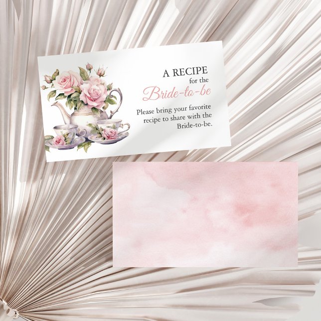 Floral Teacup Bridal Shower Recipe Insert (Blush Pink Roses Bridal Shower Tea Share A Recipe Enclosure Card on a sunny white dry palm leaf.)