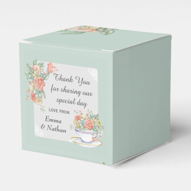 Floral Teacup Elegant Custom Thank You Message Favor Boxes (Front Side)