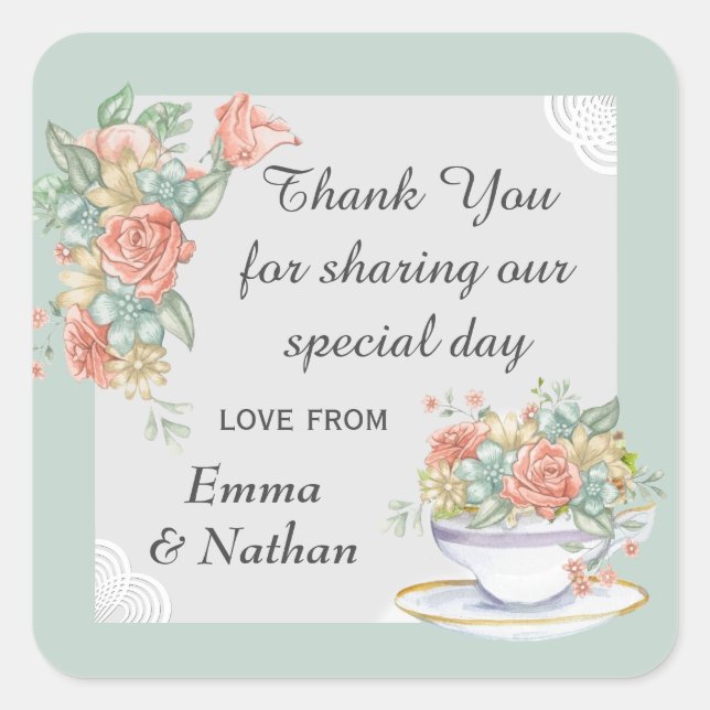 Floral Teacup Elegant Custom Thank You Message Square Sticker (Front)