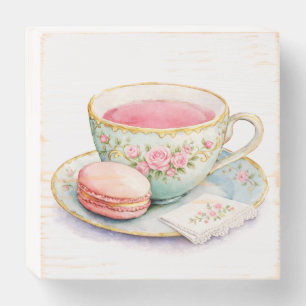 Floral Teacup & Macaron Watercolor Art  Wooden Box Sign