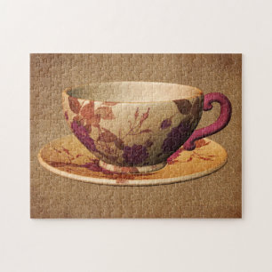 Floral Teacup On Aged Paper Art Jigsaw Puzzle