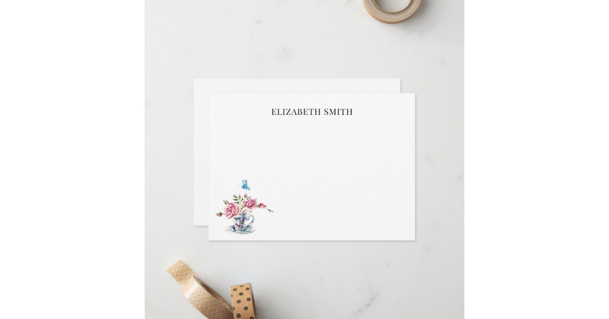 Floral teacup vintage flowers custom name note card | Zazzle