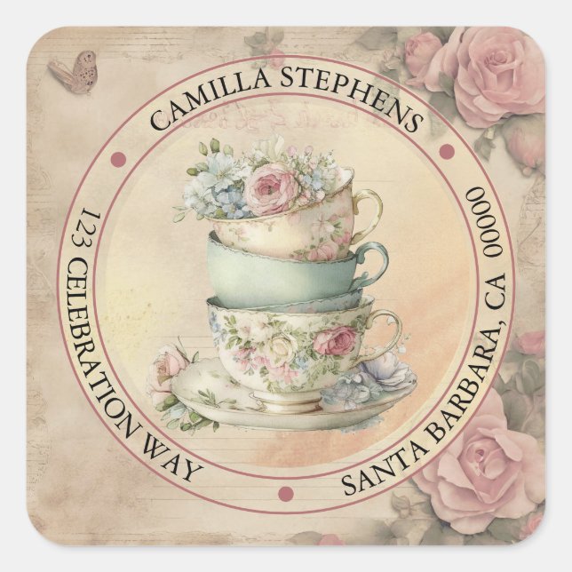 Floral Teacups Return Address Envelope Seal (Front)