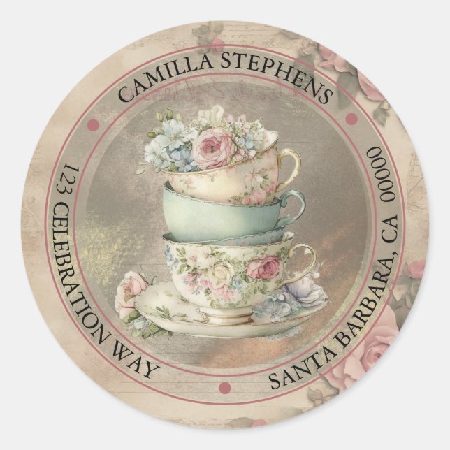 Floral Teacups Return Address Envelope Seal (Front)