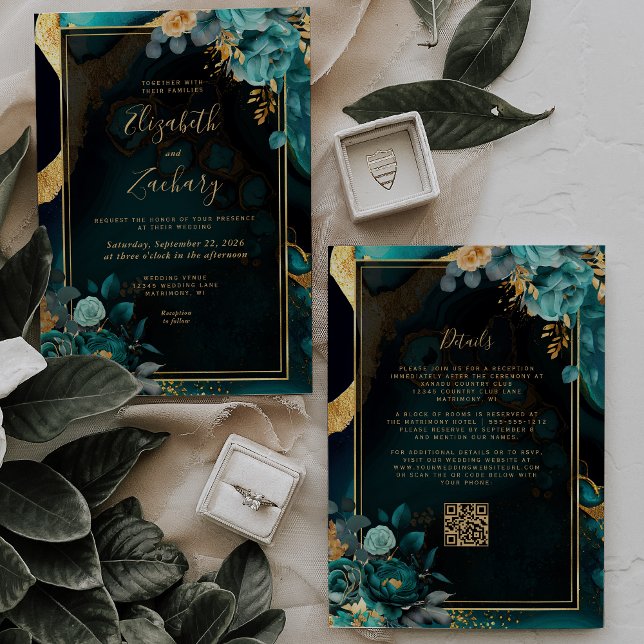 Floral Teal Agate Gold Frame QR Code Wedding Invitation (Creator Uploaded)