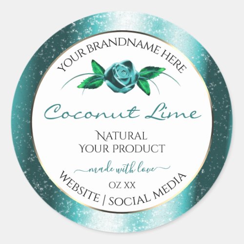 Floral Teal and White Product Labels Soft Glitter
