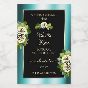 Floral Teal Black Gold Product Labels Leafy Roses