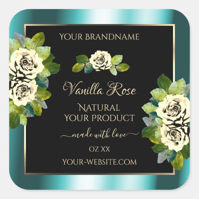 Floral Teal Black Gold Product Labels Leafy Roses (Front)