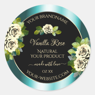 Floral Teal Black Gold Product Labels Leafy Roses