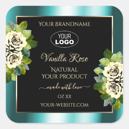 Floral Teal Black Gold Product Labels Roses Logo