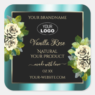 Floral Teal Black Gold Product Labels Roses Logo