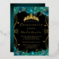 Floral Teal Black Gold Scroll Quinceanera 