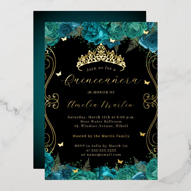 Floral Teal Black Gold Scroll Quinceanera  Foil Invitation (Front/Back)