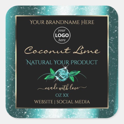 Floral Teal Black Product Labels Soft Glitter Logo