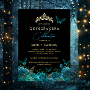 Floral Teal Blue Butterfly Tiara Quinceanera Foil Invitation
