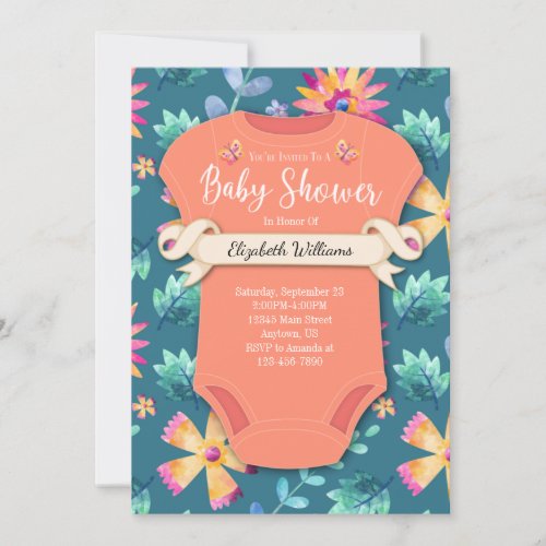 Floral Teal Blue Coral Pink Flowers Baby Shower Invitation