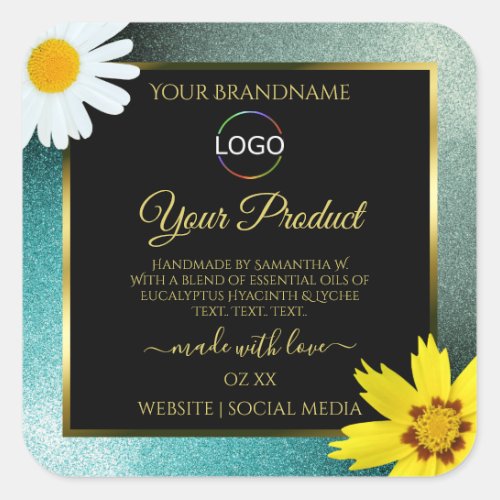 Floral Teal Blue Glitter Black Product Labels Logo