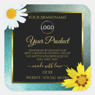 Floral Teal Blue Glitter Black Product Labels Logo